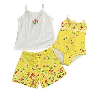 Big Fish by Sweet Potatoes Girls 3 Pc Set Shirt Short Bathing Suit Yellow Sz 5